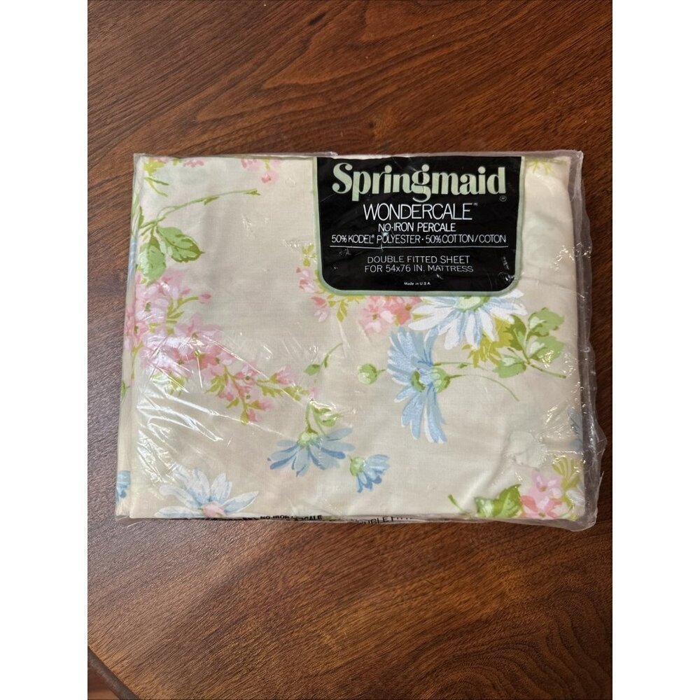 NOS Vtg Springmaid Wondercale Daisy Bouquet Percale Double Fitted Sheet 54x76